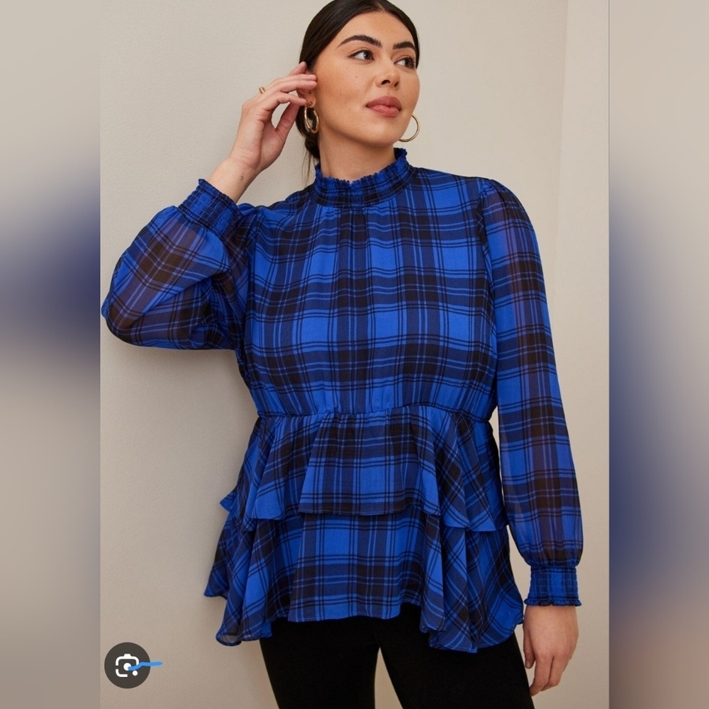 Torrid Crinkle Chiffon Smock Neck Ruffle Tiered Plaid Top 1x